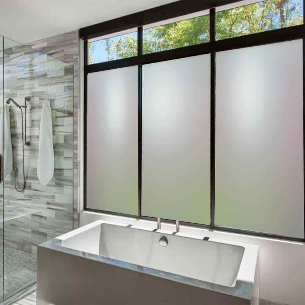 Frosted windows providing privacy above a bath