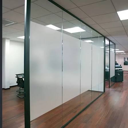 Frosted office glass partition with a clear upper section